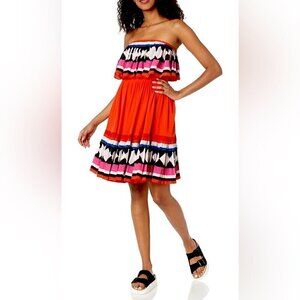 Kate Spade New York, Geo Border Printed Pleated Dress, Red Strapless, Flowy, 6